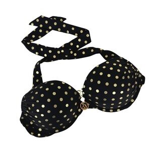 Victoria's Secret Black Gold Polka Dot Push Up Halter Bikini Top 34C VS Logo
